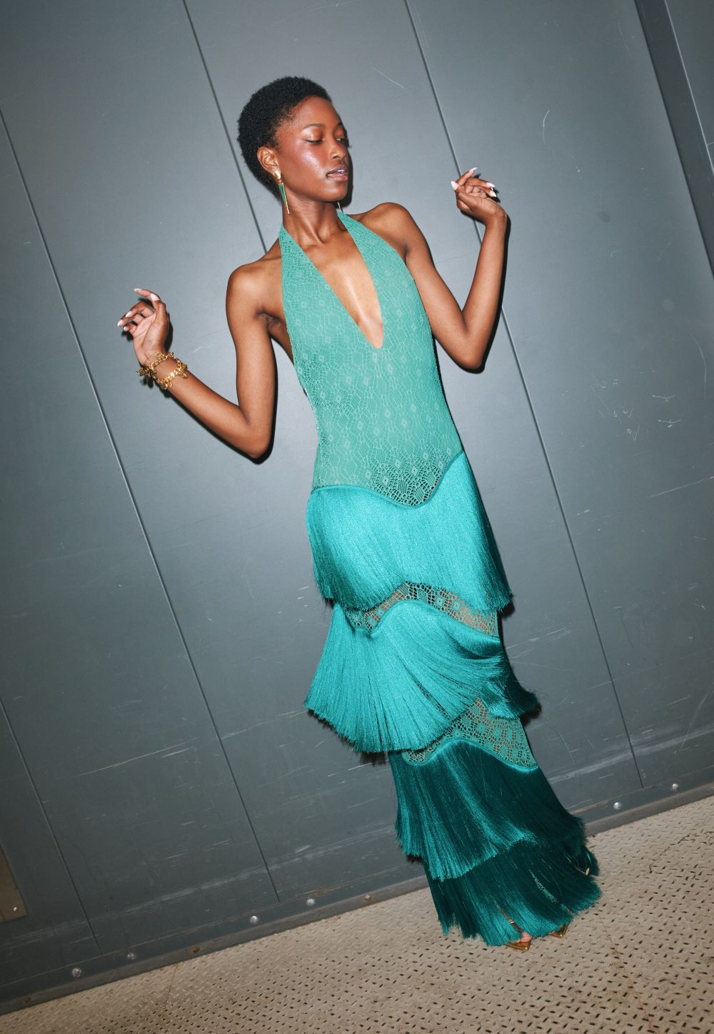 VESTIDO LONGO ESMERALDA FRINGES VERDE ESCURO